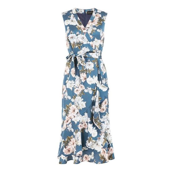 Mela London Mela London Blue Floral Satin Wrap Midi Dress