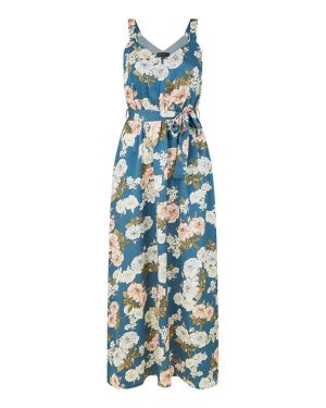Mela London Mela London Blue Satin Floral Print Maxi Dress