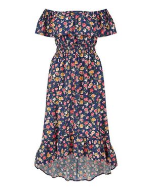 Mela London Mela London Navy Bardot Floral High Low Maxi Dress - Blue