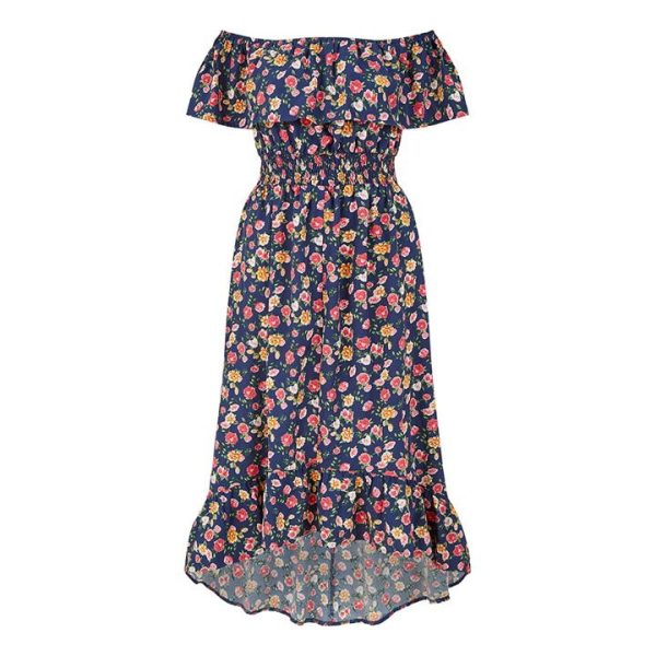 Mela London Mela London Navy Bardot Floral High Low Maxi Dress - Blue