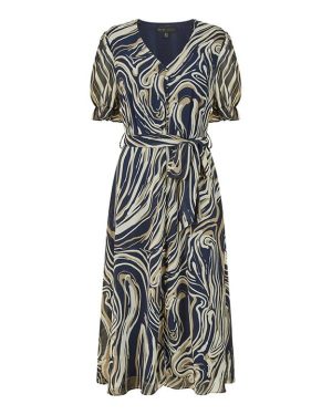 Mela London Mela London Navy Swirl Print Midi Tea Dress - Blue