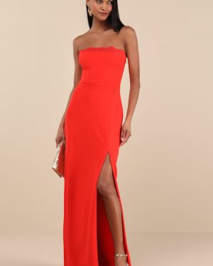 Memorably Iconic Red Strapless Lace Bustier Maxi Dress