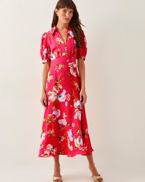 Meredith Floral Midi Shirt Dress Red