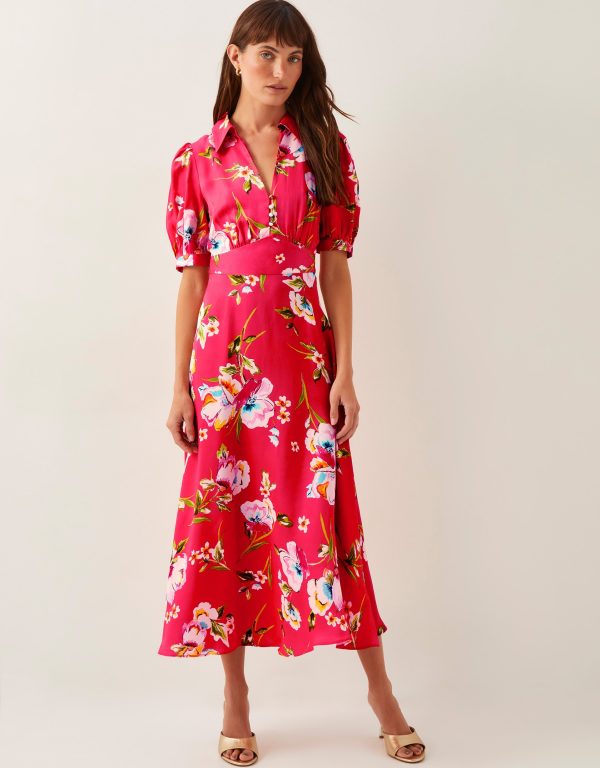 Meredith Floral Midi Shirt Dress Red