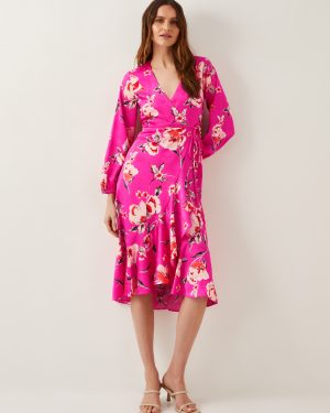 Meredith Floral Midi Wrap Dress Pink