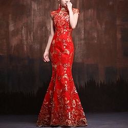 Mermaid Evening Gown Vintage Dress Wedding Guest Formal Evening Floor Length Short Sleeve High Neck Satin with Sequin Embroidery dress to impress 2025