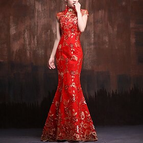 Mermaid Evening Gown Vintage Dress Wedding Guest Formal Evening Floor Length Short Sleeve High Neck Satin with Sequin Embroidery dress to impress 2025