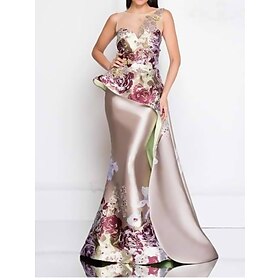 Mermaid Peplum Dress Evening Gown Elegant Dress Wedding Wedding Guest Floor Length Sleeveless Crew Neck Satin with Floral Print and Embroidered Lace 2025