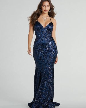 Mermaid Sequin Dress Deep V-neck Spaghetti Straps Lace-Up Formal Party Floor-Length Long Dress For Women 2025