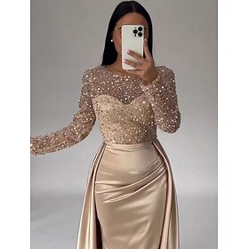Mermaid Sequin Evening Gown Ruched Champagne Satin Dress Long Sleeves Masquerade Floor Length Illusion Neck with Pearls Overskirt dress 2025