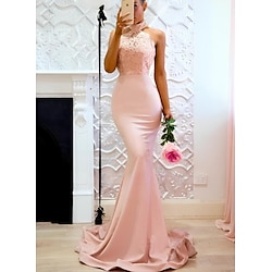Mermaid / Trumpet Evening Gown Elegant Dress Formal Evening Party Court Train Sleeveless Halter Neck Satin with Buttons Slit 2025