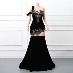 Mermaid / Trumpet Evening Gown Elegant Dress Formal Prom Court Train Sleeveless Crew Neck Velvet with Appliques 2025