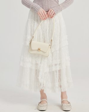 Mesh Layered Long Skirt With Flowers A-line Skirt For Women 2025