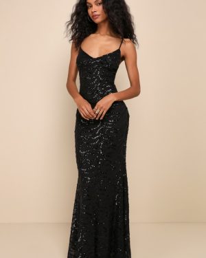 Mesmerizing Demeanor Black Sequin Backless Mermaid Maxi Dress