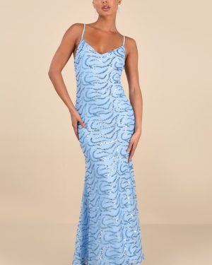 Mesmerizing Demeanor Blue Sequin Backless Mermaid Maxi Dress