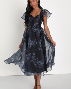Mesmerizing Mood Black Floral Organza Ruffled A-Line Midi Dress