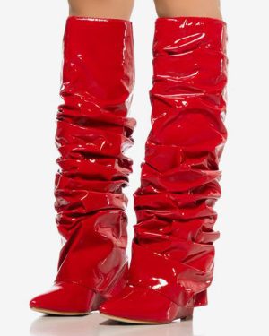 Metallic Knee High Boots Silver Pointed Toe Fold Over Wedge Heel Slouch Boots