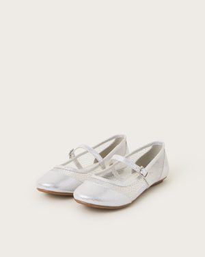 Metallic Mesh Strap Ballet Flats Silver