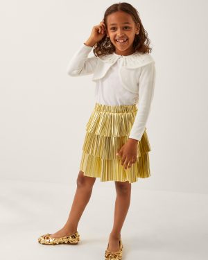 Metallic Pleat Tiered Skirt Gold