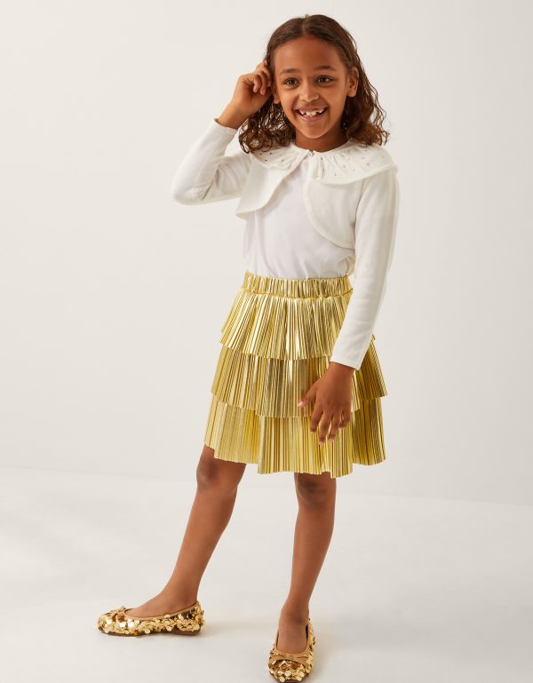 Metallic Pleat Tiered Skirt Gold