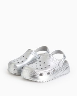 Metallic Silver Ankle Strap Chunky Clogs