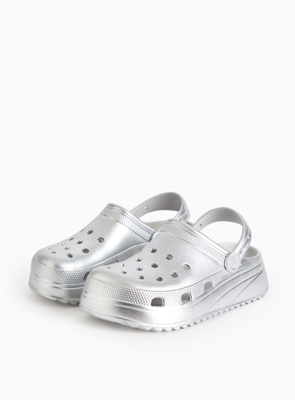 Metallic Silver Ankle Strap Chunky Clogs