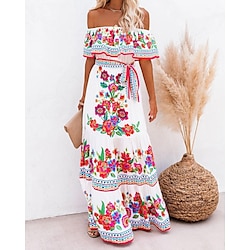 Mexican Dress for Women Off-Shoulder Ruffle Floral Print Summer Party Casual Maxi Dresses Ladies Beach Sundress