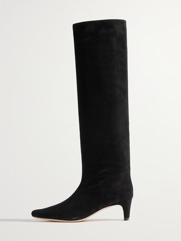 Micro Suede Upper Dark Green Square Toe Kitten Heel Mid Calf Boots For Women Boots