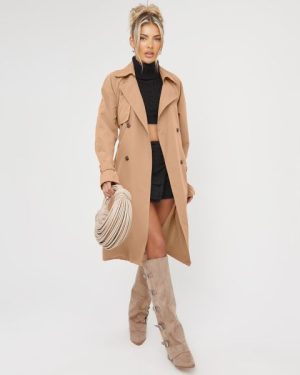 Mid Length Oversized Trench Coat In Stone, Women's Size UK 6