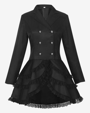 Mid-Length Punk Women Gothic Jacquard Double-Breasted Suit Black Swallowtail Coat European American