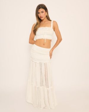 Mid Rise Floaty Maxi Skirt In White Texture, Women's Size UK 6