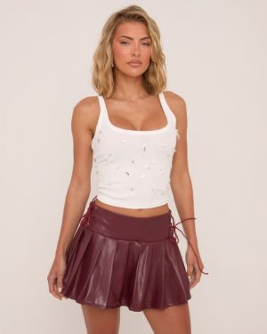 Mid Rise Lace Up Pleated Skater Mini Skirt In Burgundy Faux Leather, Women's Size UK 6