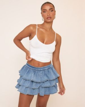 Mid Rise Layered Ruffle Mini Skirt In Blue Denim, Women's Size UK Large L
