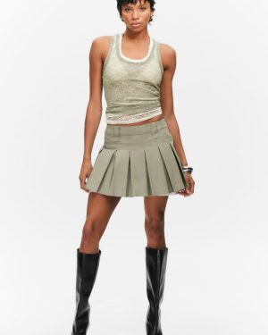 Mid-Rise Pleated Mini Twill Skirt