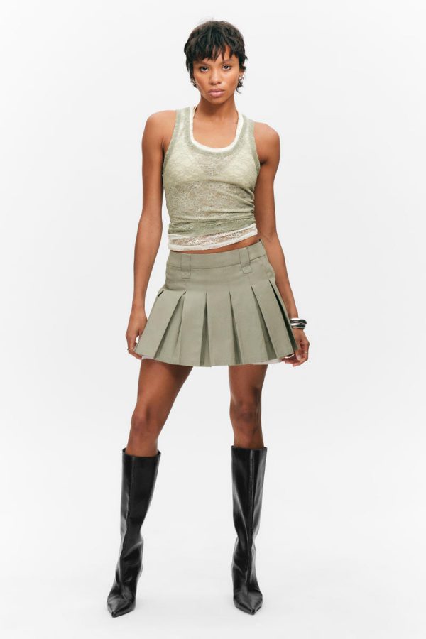 Mid-Rise Pleated Mini Twill Skirt