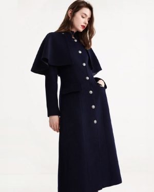 Midi Woolen Coat With Detachable Cape Stand Collar Winter Outerwear For Women 2025