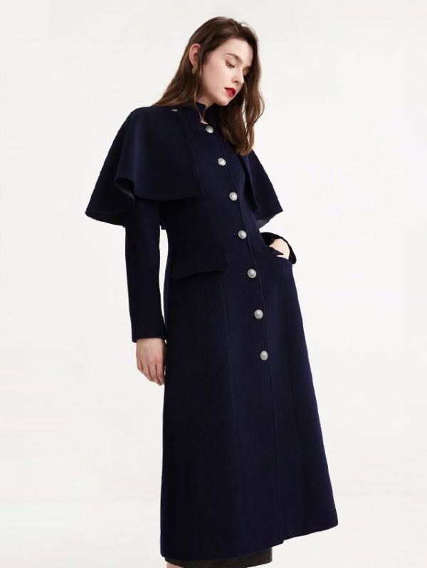 Midi Woolen Coat With Detachable Cape Stand Collar Winter Outerwear For Women 2025