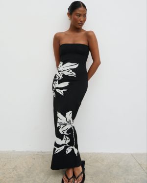 Milena Floral Bandeau Knit Midaxi Dress - Black and Cream, L