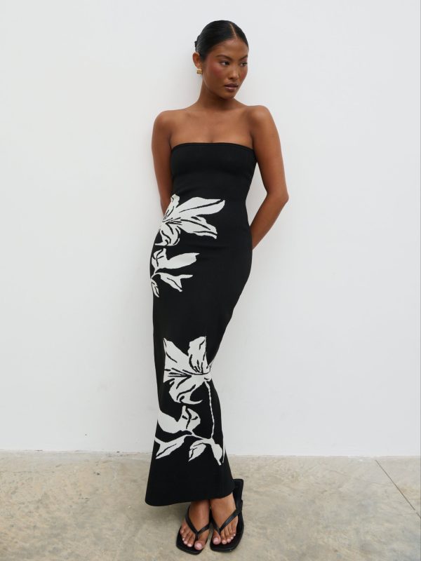 Milena Floral Bandeau Knit Midaxi Dress - Black and Cream, L