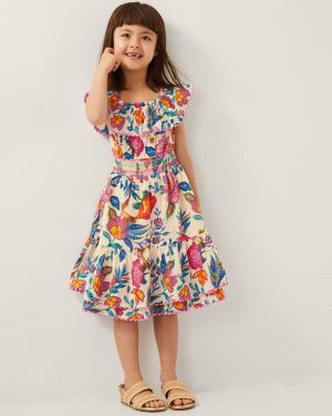 Milena Floral Print Bardot Dress Ivory