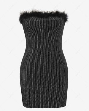 Mini Dress Metallic Glitter Feather Trim Tube Vegas Dress M Black