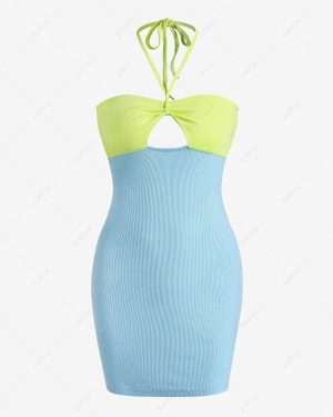 Mini Dress Ribbed Colorblock Halter Keyhole Slinky Dress S Blue