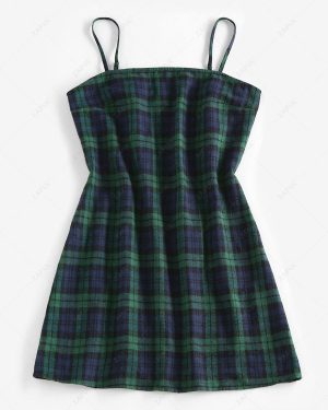 Mini Dress ZAFUL Spaghetti Straps Plaid Mini A Line Dress L Deep green