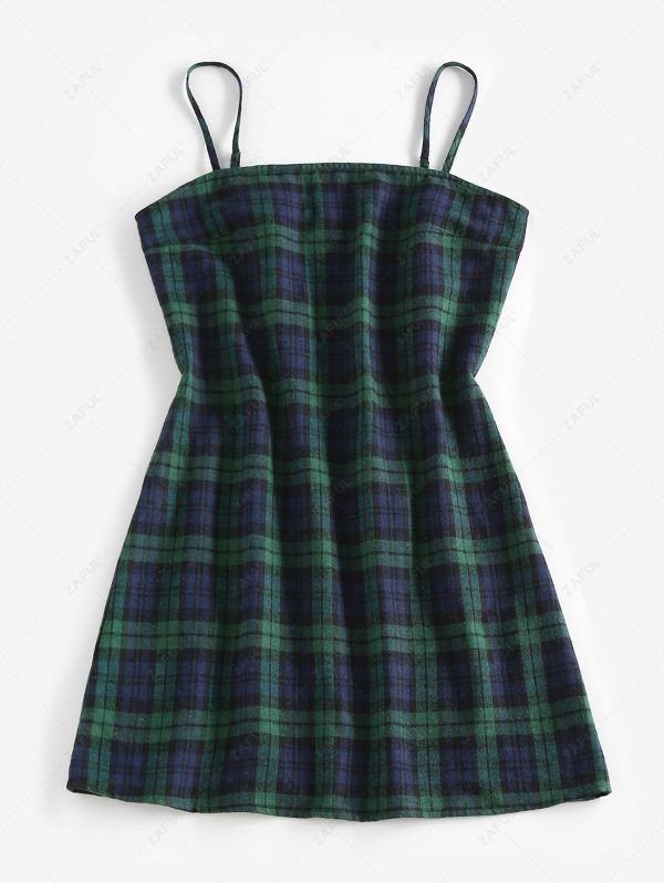 Mini Dress ZAFUL Spaghetti Straps Plaid Mini A Line Dress L Deep green