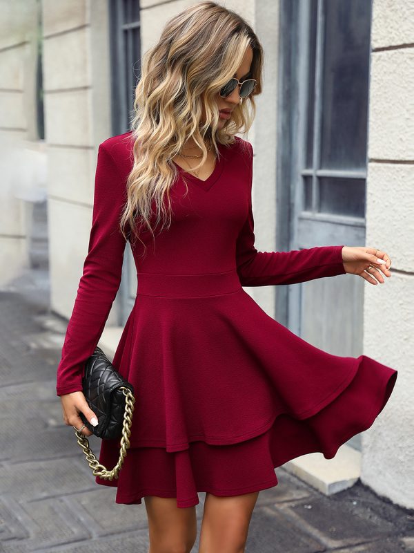 Mini Dresses Black Long Sleeves Short Dress In Burgundy