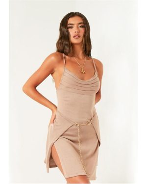Missy Empire Cowl Dress With Wrap Over Skirt - Beige