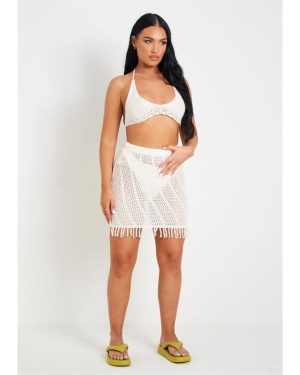 Missy Empire Crochet Tassle Hem Mini Skirt - White