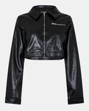 Missy Empire Cropped Faux Leather Biker Jacket Womens - Black