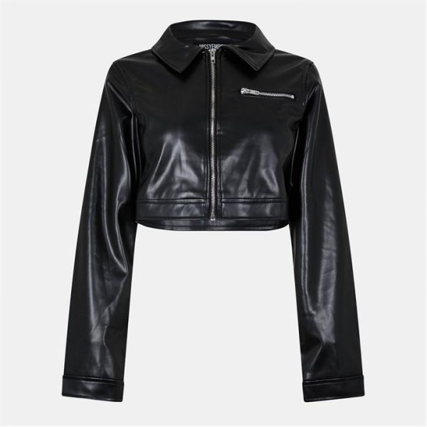 Missy Empire Cropped Faux Leather Biker Jacket Womens - Black