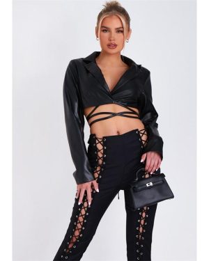 Missy Empire Cropped Tie Blazer - Black